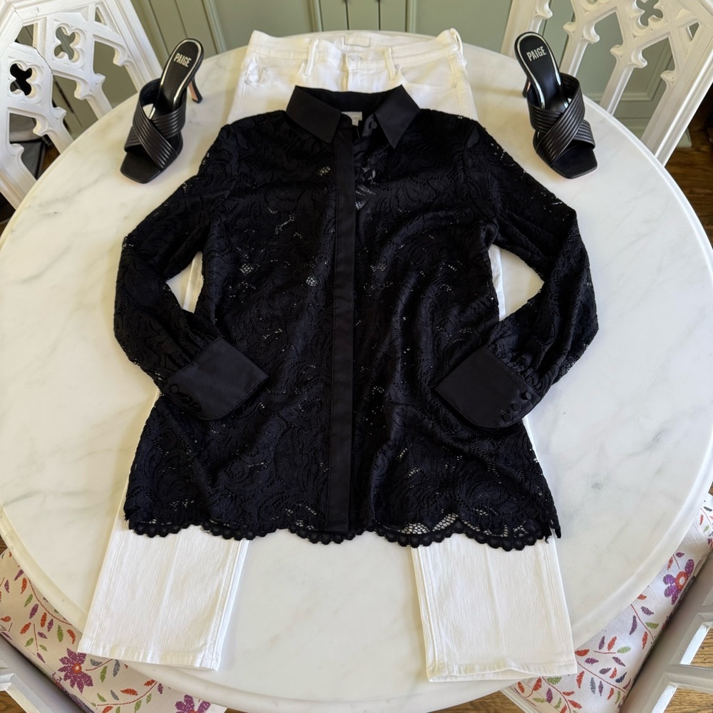 Chico's Black Lace Long Sleeve Blouse Sz S - Picture 4 of 11